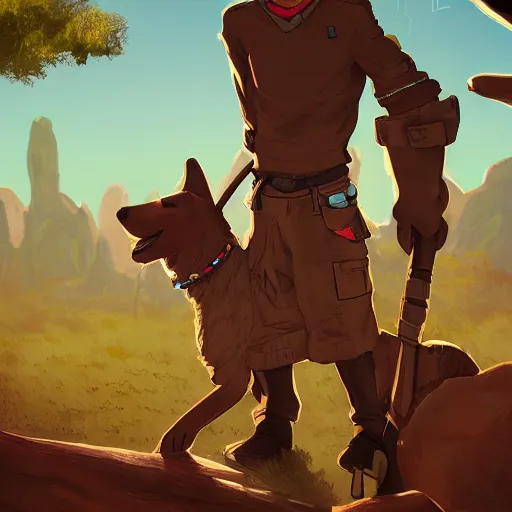 Image similar to stylized three quarters portrait concept art of the anthro anthropomorphic dingo dog head animal person fursona wearing clothes adventurer standing in australia outback, hidari, color page, tankoban, 4 k, tone mapping, akihiko yoshida, clean bright happy