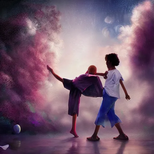 Image similar to Michal jackson dancing with a little kid in heaven, cinematic, beautiful digital painting, hyper detailed