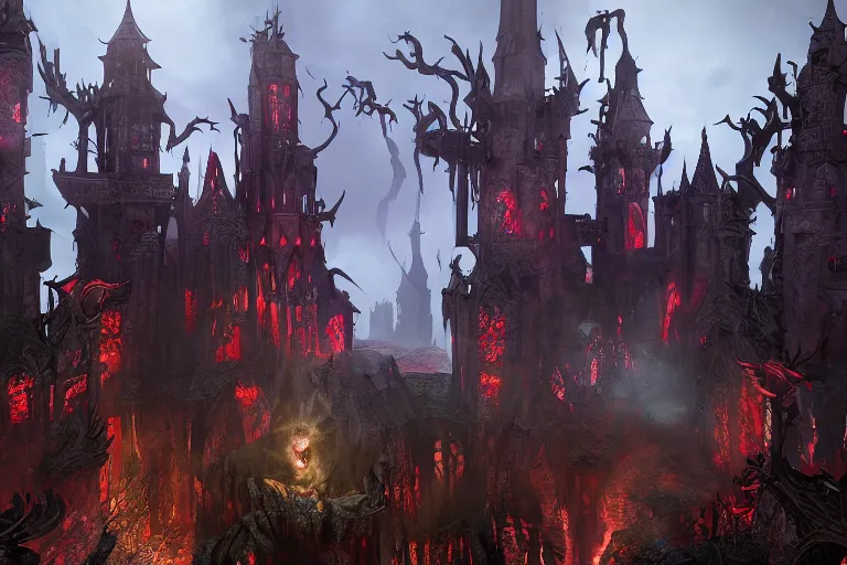 Image similar to big evil castle - city rock dark shadow elves, might and magic heroes vii, dark fantasy, shadows, artstation trending, unreal engine 5, red