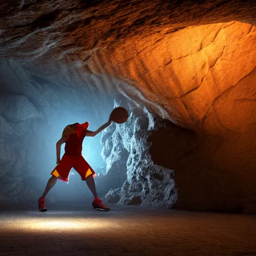 Image similar to octane render of cavemen playing basketball inside cave at night, cave lit by torch light, stalagmites