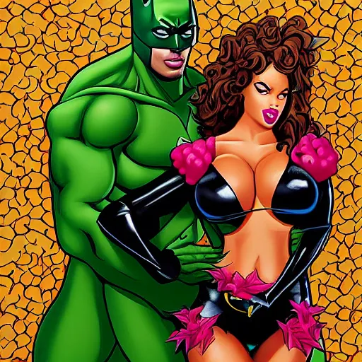 Prompt: Painting of curvy Brittany Renner as Poison Ivy binding Michael B. Jordan as Batman with vines :9, Marijuana, Smoke, Hot, accentuated hips, Smoking weed, Matte Painting, Rude, lewd, riske, Vibrant, Epic Level of Detail, Arte Lowbrow style, The Birth of Rockin jelly Bean book, :3, by Rockin Jelly Bean + Warner brothers :5 detailed face: 8