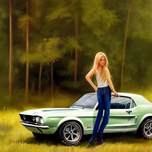 Prompt: green 1967 Ford Mustang GT, Swedish countryside, freedom, dawn, beautiful blonde woman, atmospheric, painting by Vladimir Volegov