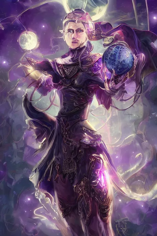 Image similar to Path of Exile, Maven, blue eyes female image with silver purple hair among colourful lights, dark blue spheres fly around, Anachronism, painting, dark fantasy, steampunk, 4k