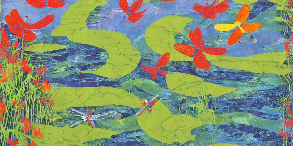 Prompt: dragonflies darting above a peaceful stream. hand - painted collage cut paper. by eric carle