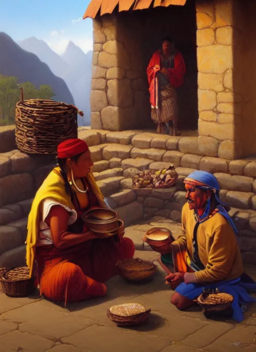 Image similar to a beautiful painting of an incan woman exchanging food and fabrics with an incan man, art by christophe vacher