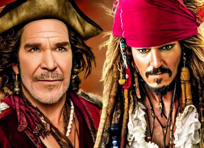 Image similar to ethan kline as a flamboyant pirate, movie still, from the new pirates of the caribbean movie, 8 k, realistic