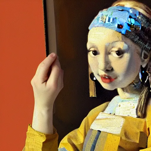 Prompt: An AI reimagining of The Art of Painting (1666) by Johannes Vermeer