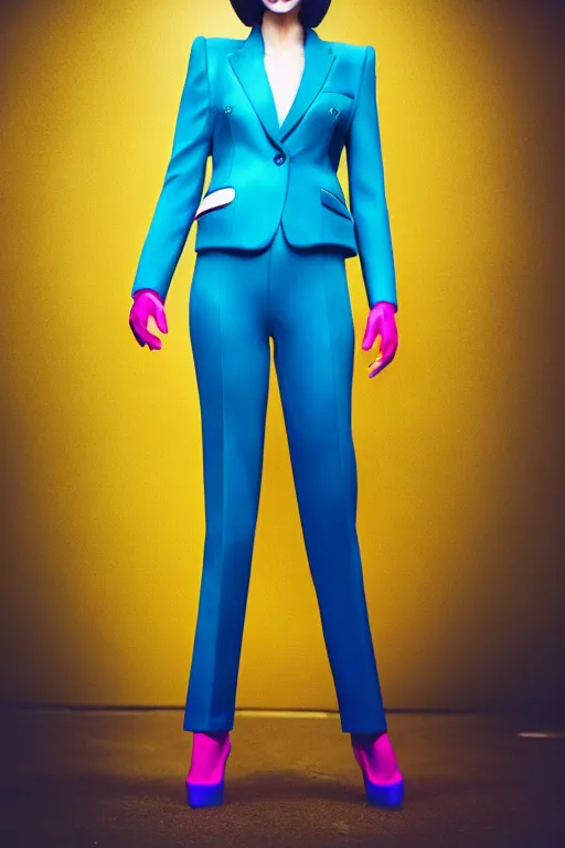 Image similar to realistic photoshooting for trouser suit for a rave, bright colors, vhs colour photography, photo for a magazine, photo for a store, fashion photography, Vogue,, cinematic, high detail, 8k, dynamic pose,Smooth skin, perfect face, 80mm lens, 1.2 aperture, close up, cinematic light, very detailed, cover magazine