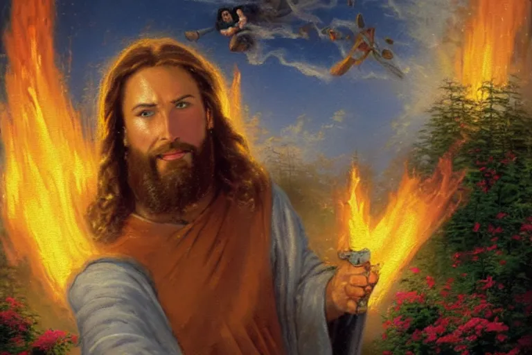 Prompt: thomas kinkade painting of jesus christ with a flamethrower