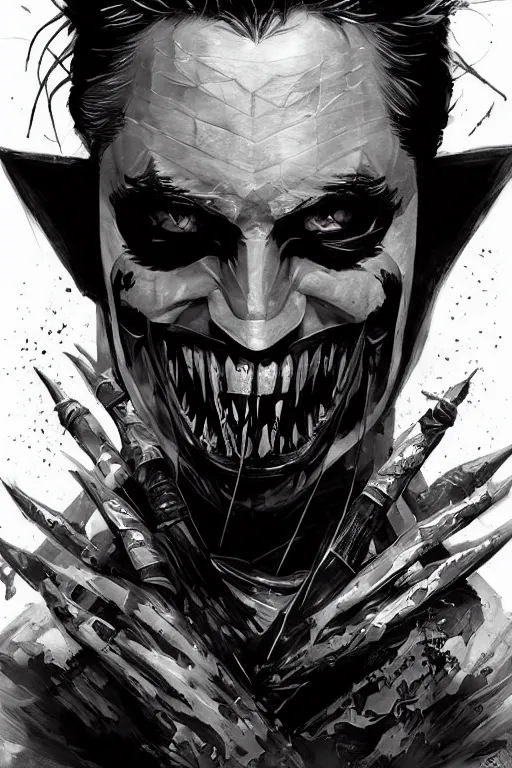 Image similar to Portrait of Robert Pattinson as The Batman Who Laughs, dc comics, dark, intricate, highly detailed, smooth, artstation, digital illustration by Ruan Jia and Mandy Jurgens and Artgerm and Wayne Barlowe and Greg Rutkowski and Zdislav Beksinski