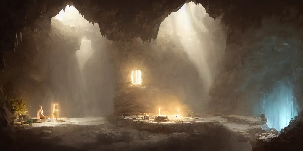 Prompt: cozy, empty bathhouse hidden in a cave, intimate, candlelight, towels, cushions, natural light, lush plants and flowers, elegant, smooth cave rock, fantasy, atmospheric lighting, digital painting, Greg Rutkowski concept art