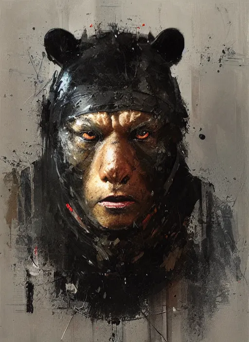 Prompt: portrait painting of anthropomorphic black bear samurai by jeremy mann, only one head single portrait