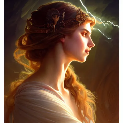 Image similar to portrait of a goddess of elemental lightning, half body, perfect face, d & d, fantasy, intricate, elegant, highly detailed, digital painting, artstation, concept art, smooth, sharp focus, illustration, art by artgerm and greg rutkowski and alphonse mucha