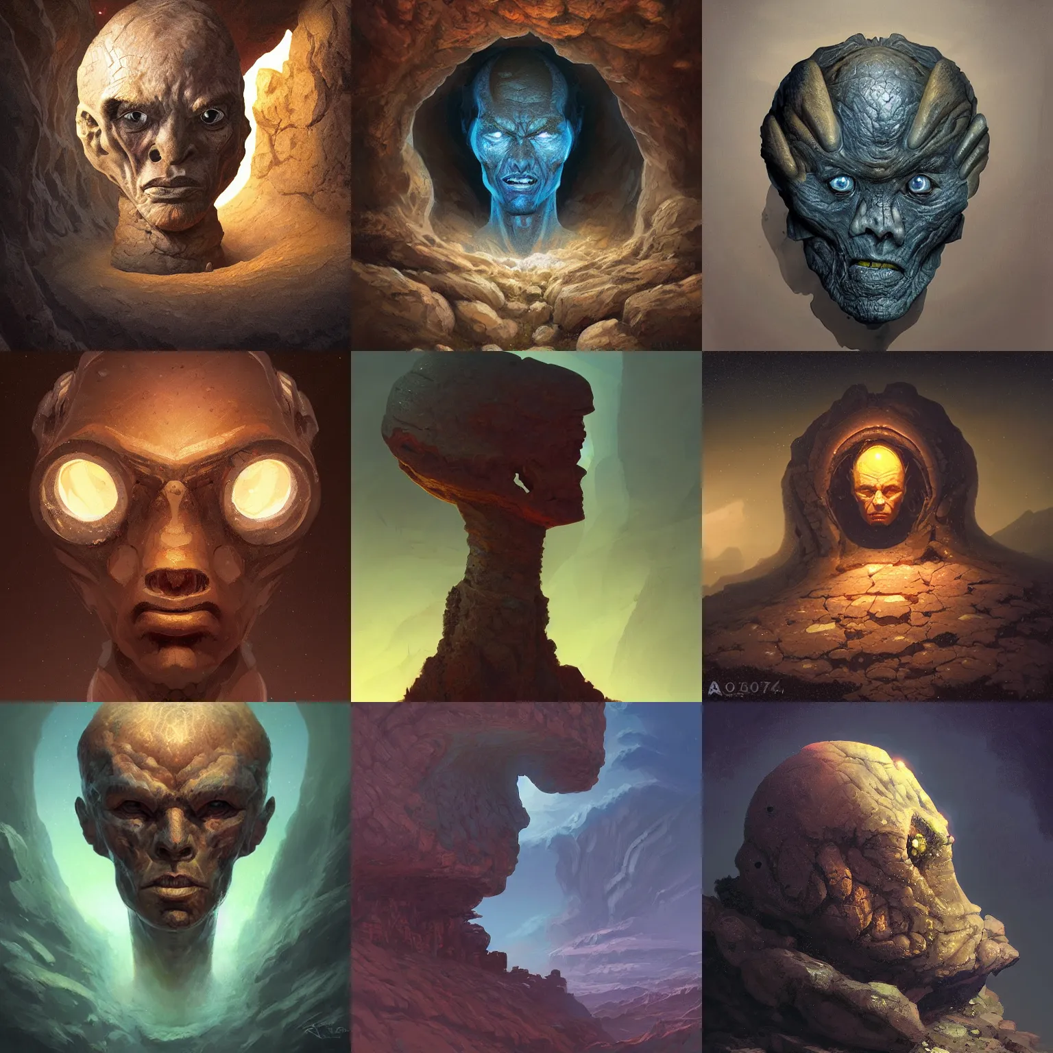 Prompt: three quarter view, extraterrestrial portrait, rock, mineral, geode, whole head, 3/4 view, dry, dramatic lighting, painted by andreas rocha