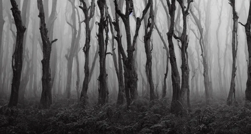 Image similar to an extremely detailed cinematic movie shot of a creepy foggy forest with twisted trees, in the style of tim burton