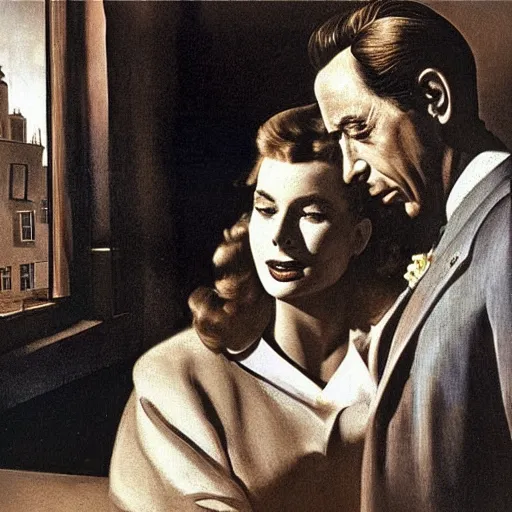 Image similar to Humphrey Bogart and Ingrid Bergman in Casablanca, painting by Vermeer