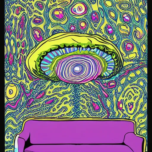 Prompt: psychedelic trippy couch in space, planets, plants, flowers, mushrooms milky way, sofa, cartoon by alvar aalto