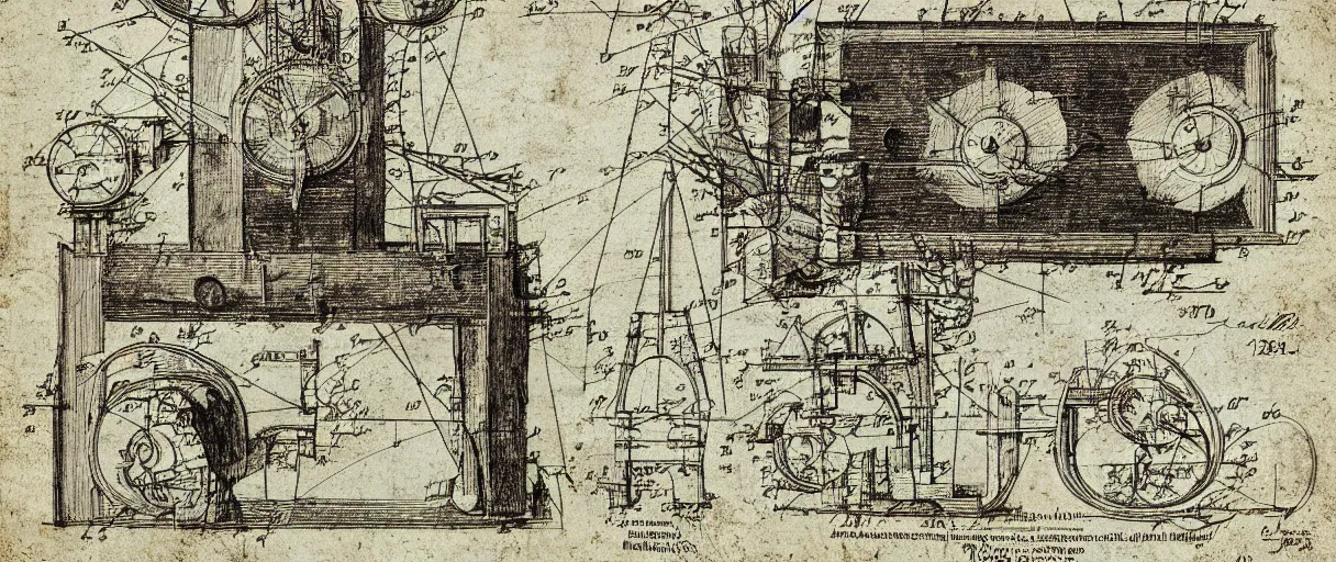 Image similar to a detailed Leonardo DaVinci sketch of a creativity amplification mechanism operated by the human imagination, in the style of a US Patent drawing