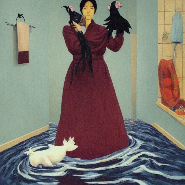 Image similar to tall female emo artist holding a pig in her flooded bathroom, water gushing from ceiling, painting of flood waters inside an artist's bathroom, a river flooding indoors, pomegranates, pigs, ikebana, zen, water, octopus, river, rapids, waterfall, black swans, canoe, berries, acrylic on canvas, surrealist, by magritte and monet