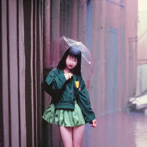 Prompt: 1990s perfect 8K HD professional cinematic photo of close-up japanese schoolgirl posing in sci-fi dystopian alleyway at morning during rain, at instagram, Behance, Adobe Lightroom, with instagram filters, depth of field, taken with polaroid kodak portra