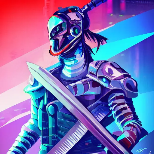 Prompt: katana zero video game character, huge sword, futuristic full body armor, cyborg, synthwave art, retrofuturist, realist, colorful, digital art, thiago lehmann