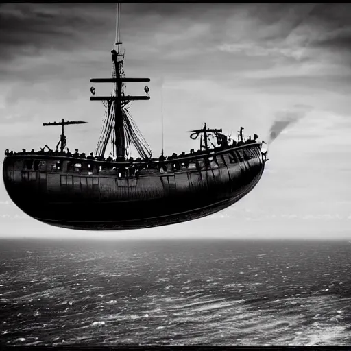 Image similar to Black and White photo of steampunk airship flying across the Atlantic Ocean