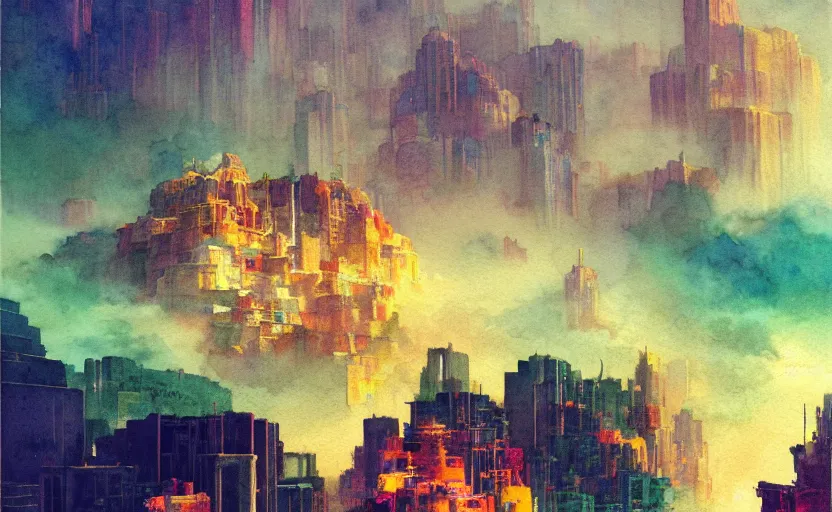 Image similar to a beautiful photo of a metropolis built on a island floating above the sea in the sky, waterfalls fall from the island into the sea, colorful watercolor, by ruan jia, by maxfield parrish, by marc simonetti, by hikari shimoda, by robert hubert, by zhang kechun, illustration, gloomy, volumetric lighting