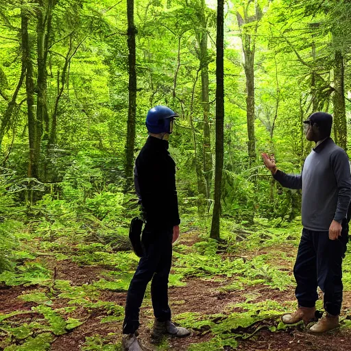 Image similar to two figures meeting in a sunny safe clearing in a dark dangerous forest