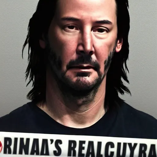 Image similar to a photo of an arrest mugshot of keanu reeves after being arrested, holding a sign with random numbers, 8 k resolution, photorealistic