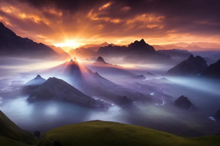 Image similar to landscape photography of ciucas by marc adamus, morning, mist, rays of light, beautiful