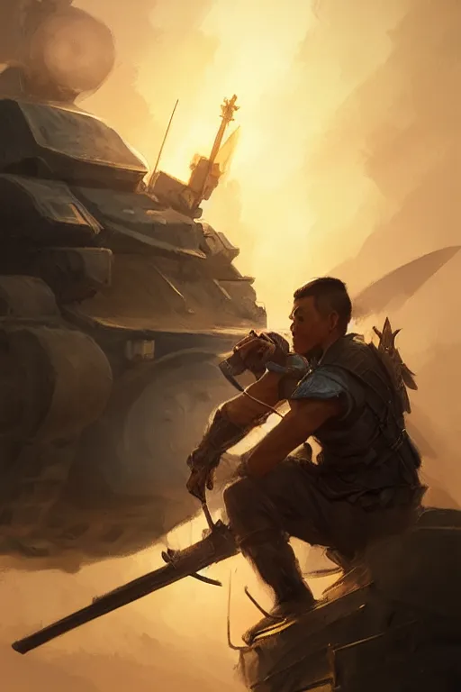 Image similar to side profile of a filipino man sitting on a tank wielding a scepter, highly detailed, d & d, fantasy digital painting, trending on artstation, concept art, sharp focus, illustration, volumetric light, intricate, art by artgerm and greg rutkowski