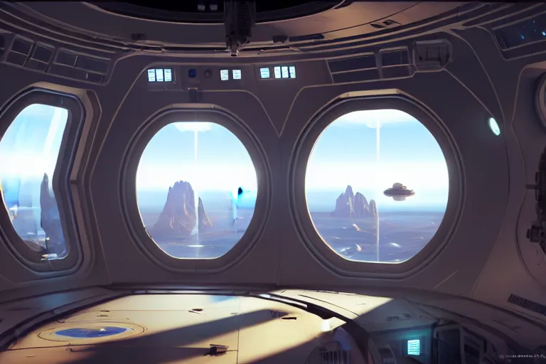 Image similar to interior of space base in orbit with a huge window, on the window you can see the planet below clearly, the planet is warm with canyons, sharp focus, concept art, very detailed, very realistic, trending on artstation, in the style of star citizen, star wars, overwatch, elite dangerous, beautiful, sci fi, unreal engine,