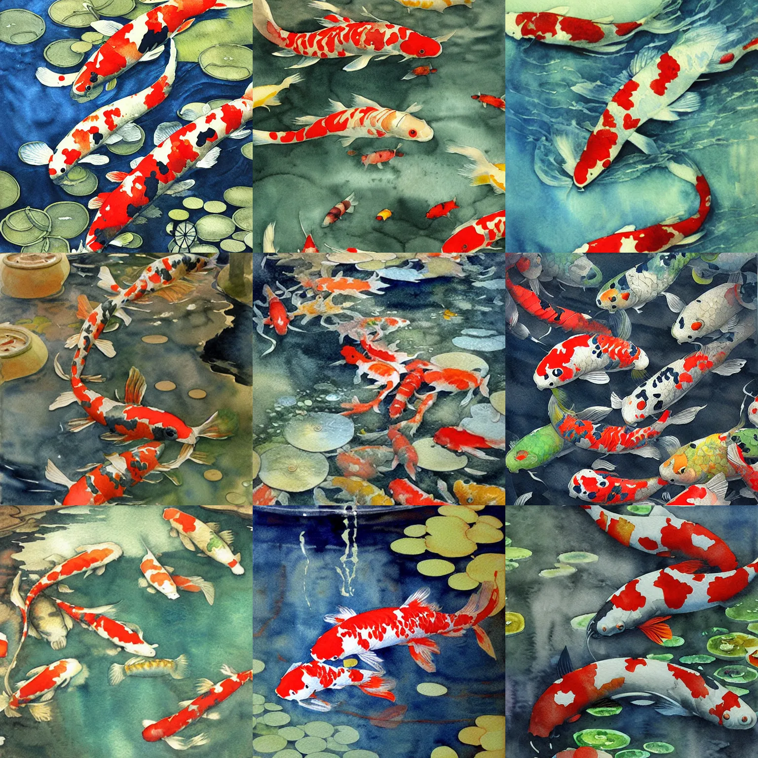 Prompt: machine koi pond, intricate cyberpunk watercolor painting by john singer sargent