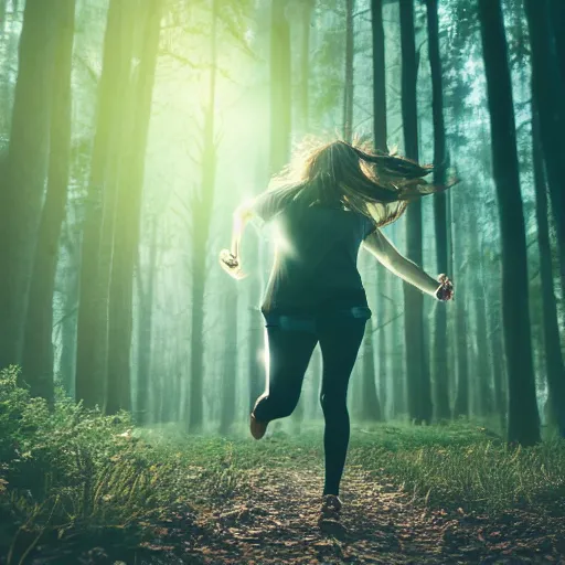 Image similar to a award winning photo of a woman spirit running in a forest, volumetric light effect