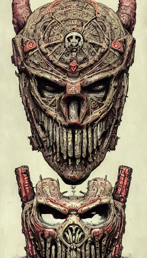 Prompt: Doom themed painting of undead aztec shaman symmetrical evil grin face mask pattern concept, intricate artwork by H.R. Giger, Johnatan Wayshak, Zdizslaw Beksinski, Ayami Kojima, Amano, Karol Bak, Greg Hildebrandt, and Mark Brooks, Neo-Gothic, gothic, rich deep colors, art by Takato Yamamoto, masterpiece, face by Artgerm, very coherent artwork, cinematic, hyper realism, high detail, octane render, unreal engine, 8k, High contrast, golden ratio, trending on cgsociety