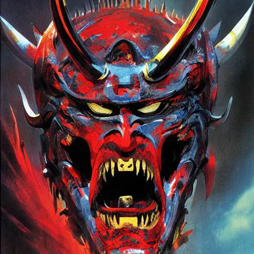 Image similar to demon samurai mask on hell by john berkey, mario feng, mohamed reda