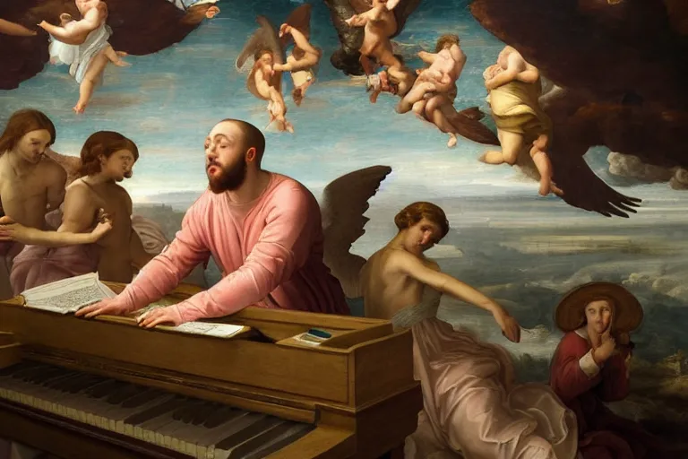 Image similar to A renaissance painting of Mac Miller as an angel playing the piano in Heaven, RIP, Heavenly, Divinity, Hope, Ethereal, Symmetry, Atmospheric Lighting, artstation trending, ladders, angelic, Rendered in Octane, trending on artstation, cgsociety, moody lighting rendered by octane engine, environment 8K artstation, cinematic lighting, intricate details, 4k detail post processing, hyperrealistic, ultra detailed cinematic