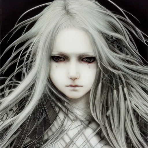 Image similar to yoshitaka amano realistic illustration of an anime girl with black eyes, wavy white hair fluttering in the wind and cracks on her face wearing elden ring armour with engraving, abstract black and white patterns on the background, noisy film grain effect, highly detailed, renaissance oil painting, weird portrait angle, blurred lost edges, three quarter view