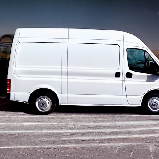 Prompt: A white commercial van designed and produced by Ferrari promotional photo