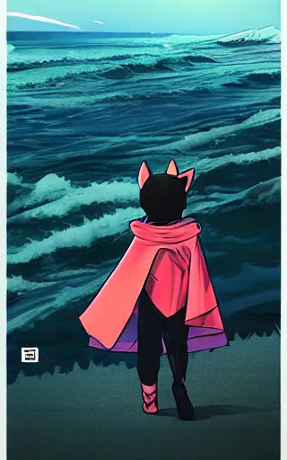 Image similar to little boy with cat ears wearing an latex suit with cape walking on ocean. digital painting made by makoto shinkai and james jean, perfect composition