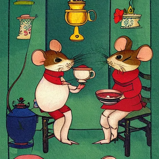 Image similar to russian mouse drinks tea from samovar with her little children, children book illustration