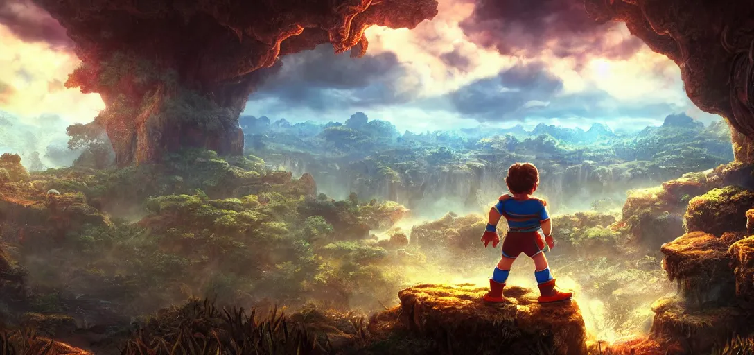 Prompt: alex kidd in miracle world landscape, dramatic lighting, cinematic, establishing shot, extremly high detail, photo realistic, cinematic lighting, post processed, concept art, artstation, matte painting, style by Kentaro Miura