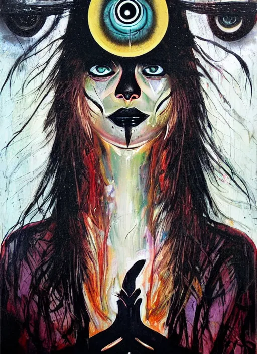 Image similar to enlightened magic cult psychic woman, painted face, third eye, energetic consciousness psychedelic, epic surrealism expressionism symbolism, story telling, iconic, dark robed, oil painting, symmetrical face, dark myth mythos, by sandra chevrier, joan mitchell monochromatic masterpiece