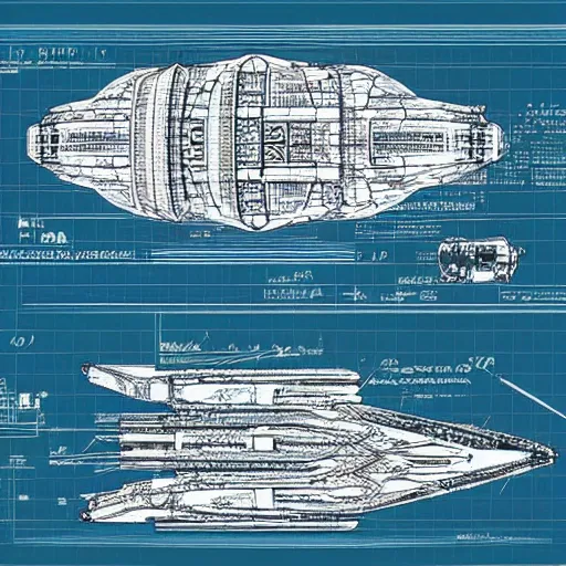 Prompt: detailed blueprint of huge spaceship in style of Junji Ito and Yoshitaka Amano