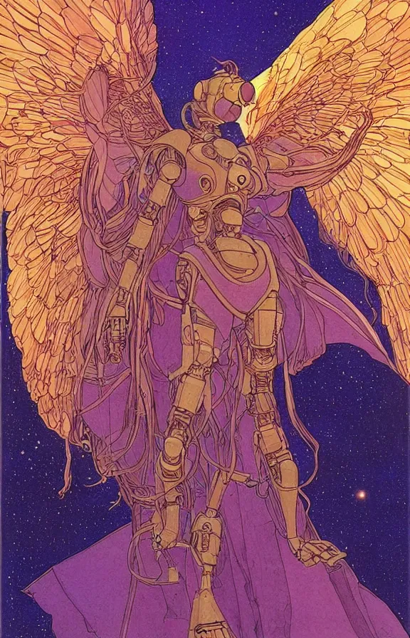 Prompt: Artwork by moebius and chichoni, Beautiful robotic angel