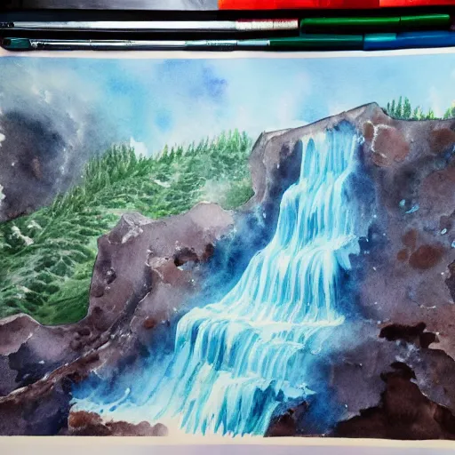 Prompt: water color on paper, elemental waterfall exhibiting all elements, highly detailed, artstation, masterpiece, award - winning,