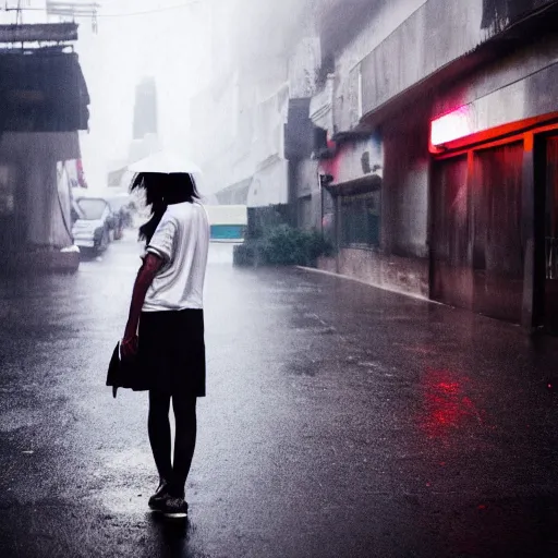 Image similar to a beautiful photo of a young woman in a white shirt in the rain outside in the street in a cyberpunk city