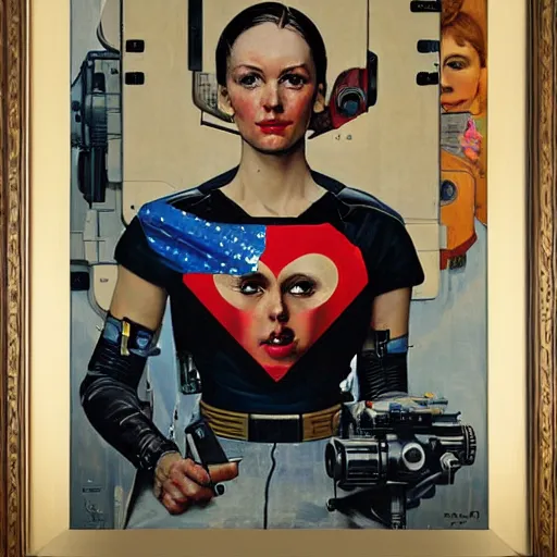 Image similar to portrait of a female android painted by Norman Rockwell and Sandra Chevrier