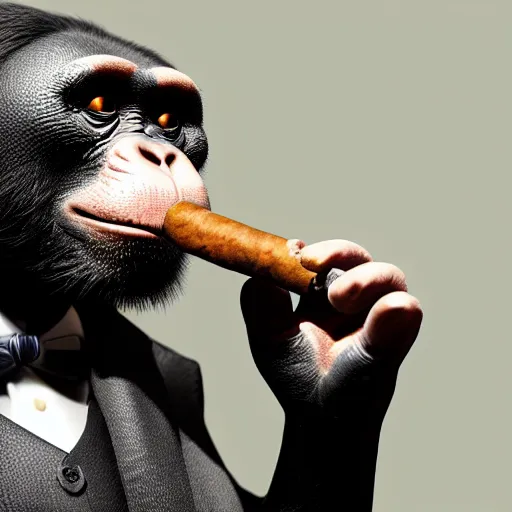 Image similar to a high detail photo of an antropomorphic chimp wearing a suit smoking a cigarrette, subject= chimp, subject detail: wearing a suit, subject action: smoking a cigar, photorealism, dramatic lighting, award winning photograph, trending on artstation