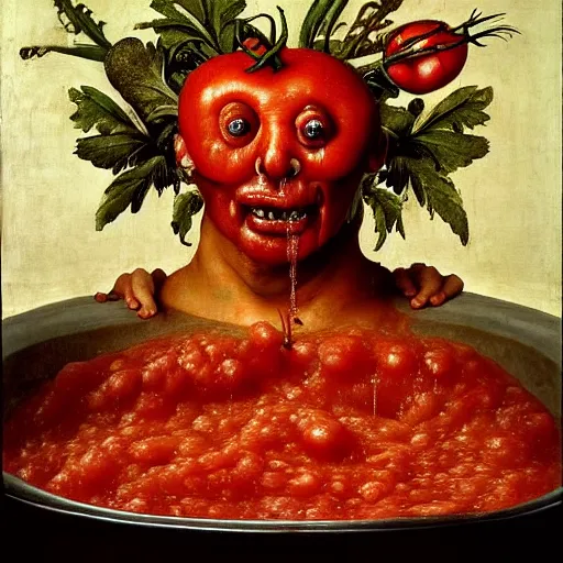 Prompt: a chef sitting in a bathtub full of tomato sauce, looking straight into camera, screaming in pain, by giuseppe arcimboldo and ambrosius benson, renaissance, fruit, intricate and intense oil paint, a touch of beksinski, realistic